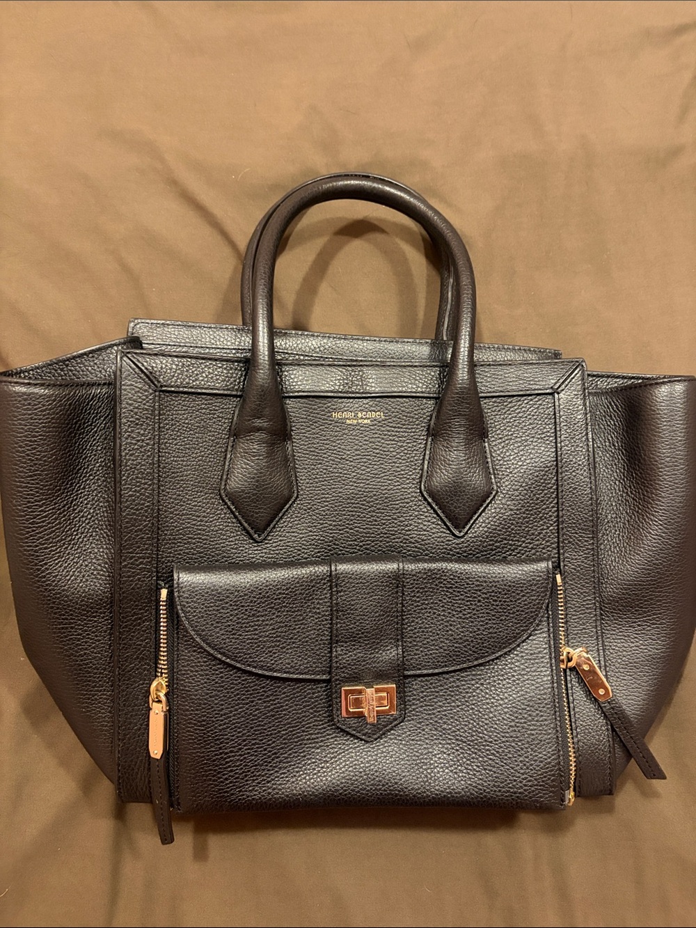 Henri Bendel Black Pebbled Leather Tote with Front detachable clutch